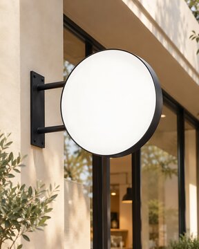 Blank round illuminated sign on a modern building exterior, ready for custom branding or logo display in an urban setting.