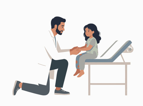 Compassionate Pediatrician Comforting Young Child Patient Flat Vector Illustration