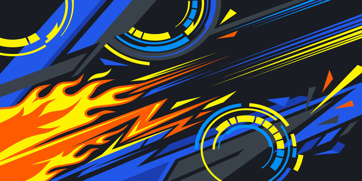Fire racing sport background with orange and yellow flames, blue speed stripes and gauge circles on dark background&mdash;Ideal for Racing Banner Design