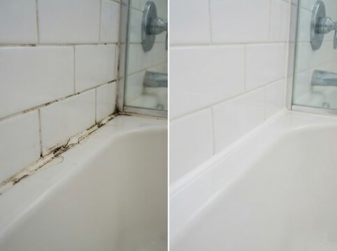 bathroom caulk replacement before after Before and after bathtub caulking showing mold removal and clean white tiles.