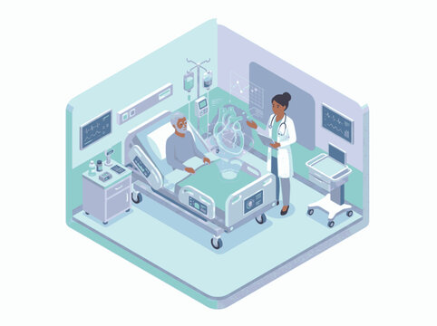 Isometric Healthcare Doctor Explaining Holographic Heart Scan to Patient Vector