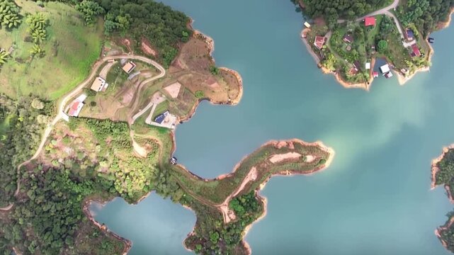 Guatap&eacute; Reservoir with Scenic Islands and Mountain Landscape in Antioquia, Colombia. Time Lapse. Establishing Shot. Aerial View.
