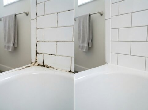 bathroom caulk replacement before after Before and after image of bathtub corner with moldy and clean grout