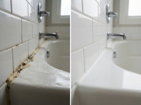 bathroom caulk replacement before after Before and after images showing cleaning and repair of a bathroom bathtub edge.