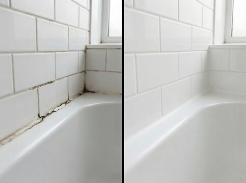 bathroom caulk replacement before after Before and after comparison of bathtub corner with cleaned and moldy grout.