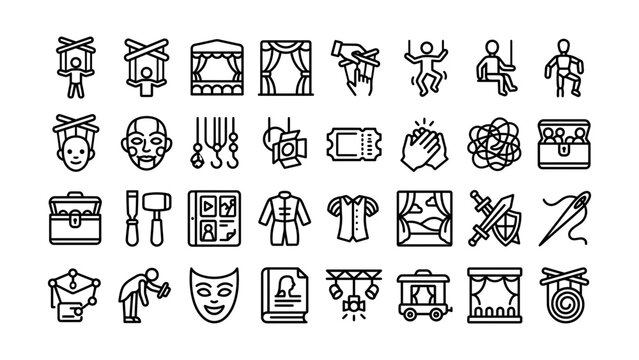 Collection of theater and performance related icons isolated on transparent background