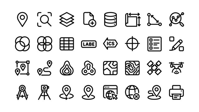 Collection of various icons featuring technology mapping and surveying tools design