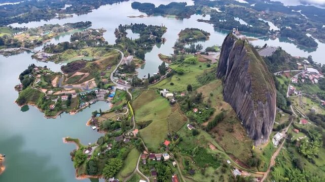 Guatap&eacute; Reservoir with Scenic Islands and Mountain Landscape in Antioquia, Colombia. Time Lapse. Establishing Shot. Aerial View.