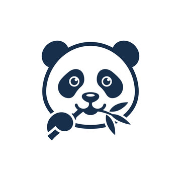 Minimalist panda face icon eating bamboo shoot isolated on white background flat graphic