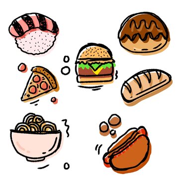 Hand drawn fast food and snack doodles, featuring sushi, pizza, burger, noodles, bread, and hotdog illustrations.