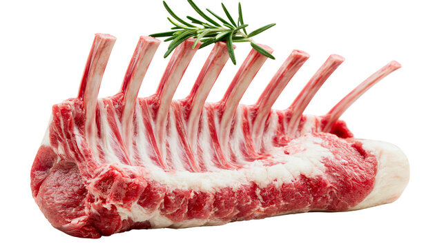 Raw lamb rack with rib bones and fresh green rosemary herb sprig