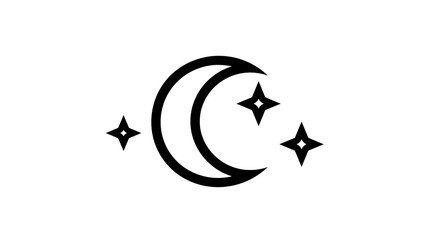 Black crescent moon icon with four pointed stars in a minimalist graphic style © Uxia