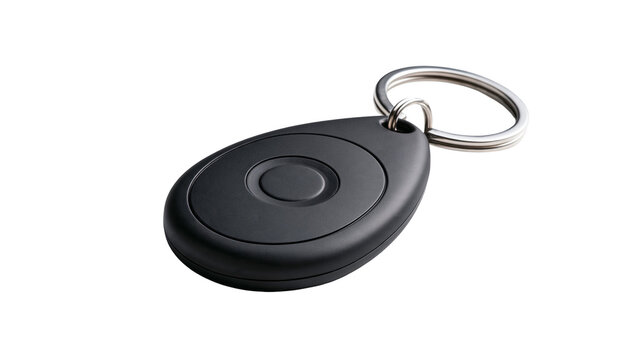 Black plastic electronic key fob with a circular button and metal keyring
