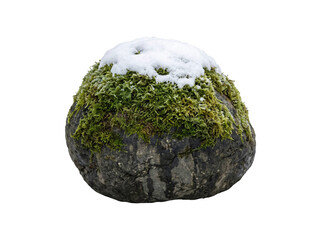 Round stone covered with green moss and a layer of fresh white snow on a plain transparent background © ieps