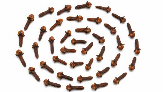 Aromatic dried cloves arranged in a spiral pattern on a clean isolated generated using ai
