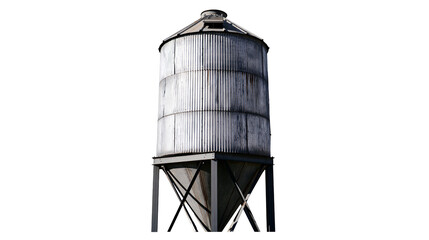 Weathered corrugated metal grain silo on a steel support frame © Freja