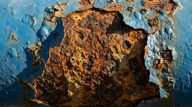 Close up of heavy corrosion and peeling blue paint on an old