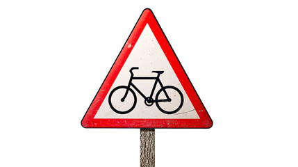 Triangular road sign with black bicycle symbol on white and red metal plate © Freja