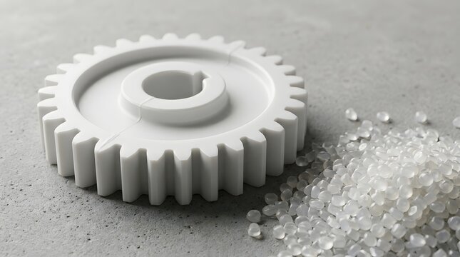 White polymer spur gear with raw plastic pellets on a grey concrete