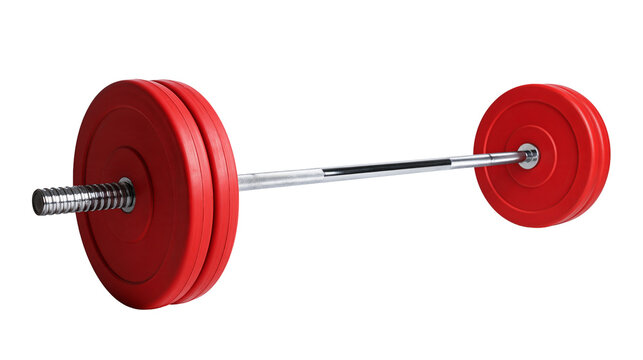 Heavy metal barbell with red rubber coated weight plates for strength training