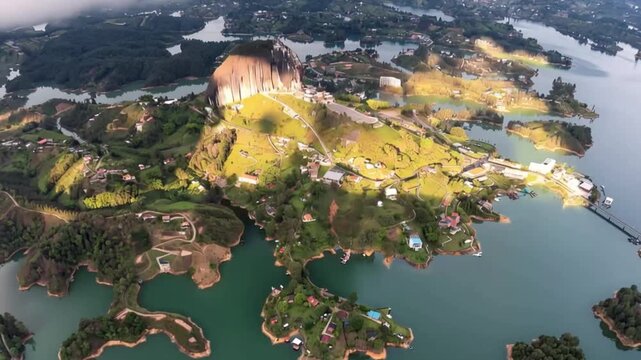 Guatap&eacute; and El Pe&ntilde;&oacute;n de Guatap&eacute; Surrounded by Reservoir Islands in Antioquia, Colombia. Time Lapse. Establishing Shot. Aerial View.