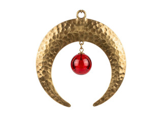 Hammered brass crescent moon ornament with a hanging red glass sphere on transparent background © ieps