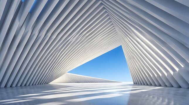 Futuristic modern architectural interior featuring white ribbed parametric walls forming a triangular portal with a clear blue sky view, minimalist and contemporary spatial design concept.