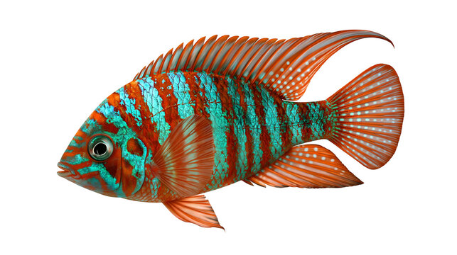 Vibrant turquoise and orange striped cichlid fish with detailed fins