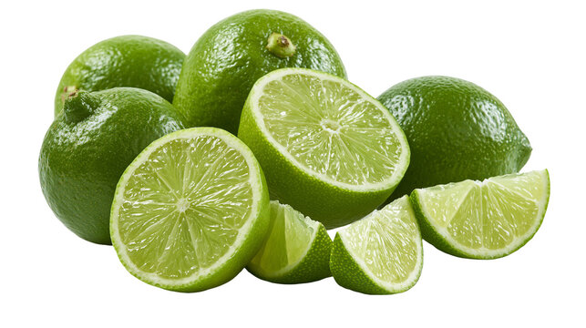 Fresh whole and sliced green limes with juicy pulp and textured peel