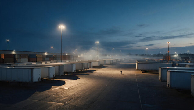 Logistics Freight Terminal with Cargo Trailers at Night