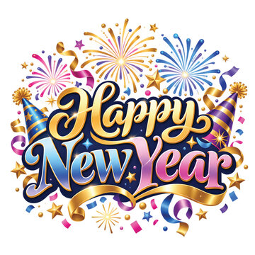 Happy New Year Celebration 2D Lettering with Fireworks and Confetti
