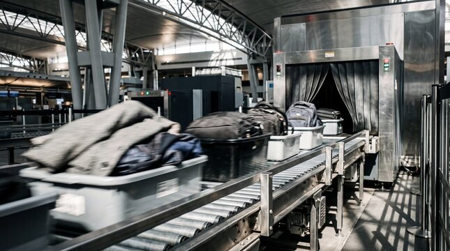 Luggage on Conveyor Belt at Airport Security Checkpoint