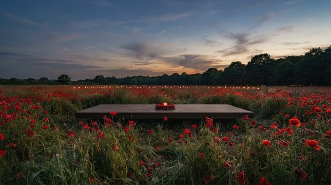 Remembrance day memorial platform with single burning candle placed in center of expansive red poppy field at dusk light.