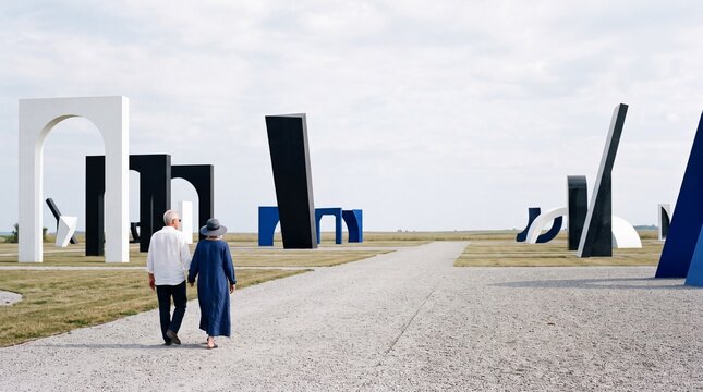 Senior Couple Walking Through Outdoor Modern Sculpture Park