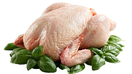 Raw whole chicken carcass resting on fresh green basil leaves © Elodie