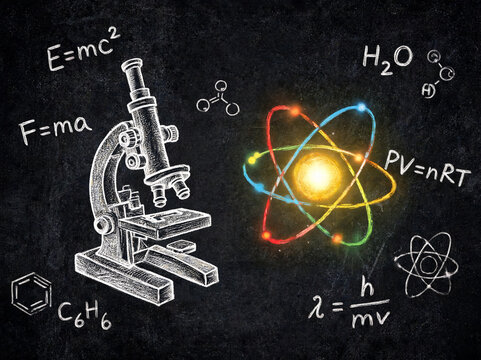 Chalkboard drawing of a microscope and glowing neon atom model surrounded by physics and chemistry formulas