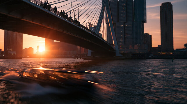 Erasmus Bridge and Rotterdam Skyline at Sunset