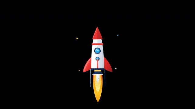 Flat vector aerospace rocket ship with pulsing engine exhaust flame hovering in seamless loop on transparent background.