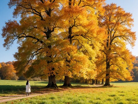 Young woman walks alone near massive autumn trees in green meadow. Golden fall foliage covers large forest landscape under blue sky. Female person enjoys peaceful nature walk in countryside park