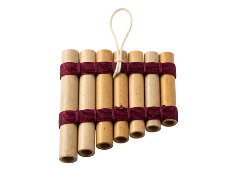 Traditional bamboo pan flute instrument with maroon yarn binding isolated on transparent background