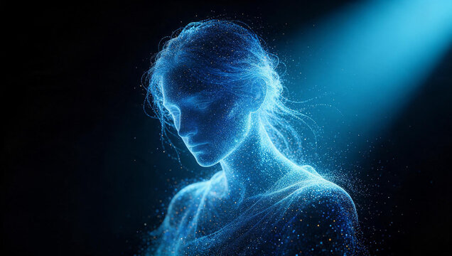 Futuristic AI Hologram of Woman Composed of Glowing Particles