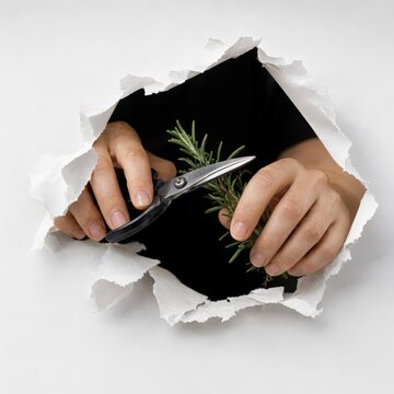 Hands snipping fresh rosemary with kitchen shears
