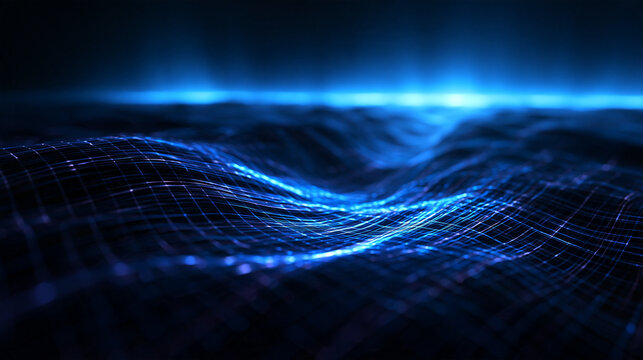 Abstract Blue Digital Wireframe Wave and Data Technology Background