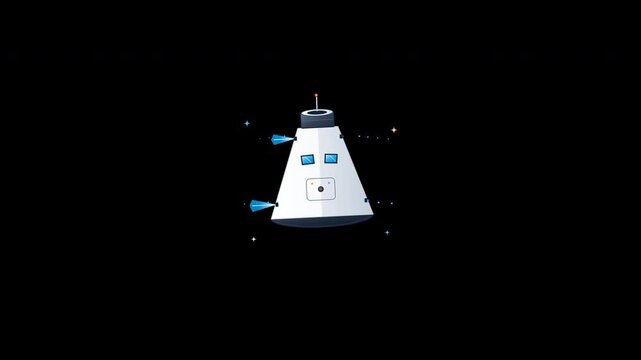 Flat vector manned space capsule with firing reaction control system attitude thruster jets in seamless loop on transparent background.