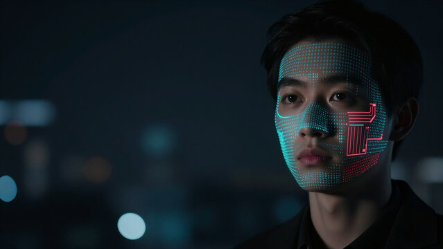 Biometric Facial Recognition Scan Error and Cyber Identity Theft Concept, Copy space on the left