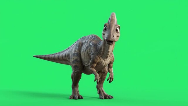 Realistic Parasaurolophus dinosaur on green screen background.	
