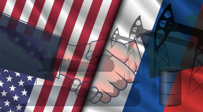 Vector wavy national flags of United States of America and Russian Federation. Handshake, deal diesel fuel. Shadows and silhouettes of oil tankers and pumps. Agreement