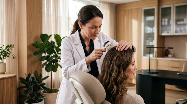 Patient undergoing hair density evaluation with a specialist carefully examining the scalp in a premium hair restoration clinic focused on health, self esteem and women's wellness