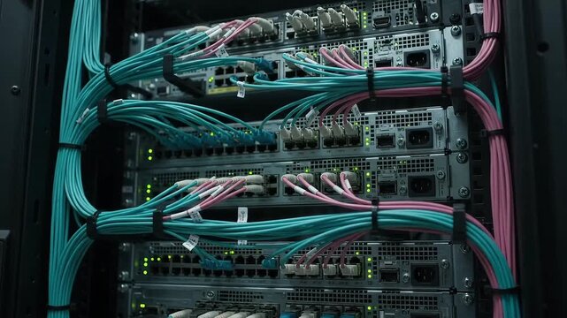 Server rack with blinking LED lights and connected cables