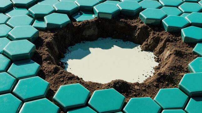 Abstract 3D render shows teal hexagonal tiles with large hole in center. Dark brown soil fills crater edge. White liquid milk fills middle void. Modern geometric pattern background features